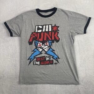 AEW CM Punk Best In The World Grey Ringer Graphic Shirt Men's Medium